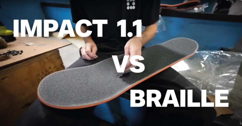Impact skateboard deck durability test vs Braille warehouse team
